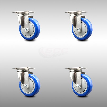 Service Caster 4 Inch 316SS Blue Polyurethane Wheel Swivel Top Plate Caster Set SCC-SS31620S414-PPUB-BLUE-4